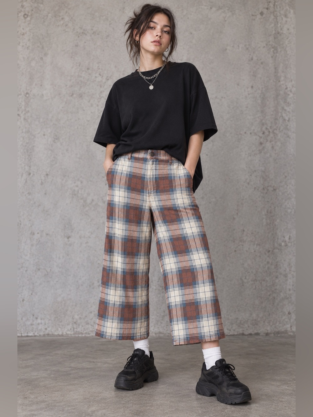 RVCA Niku Plaid High-Rise Cropped Wide Leg Trousers